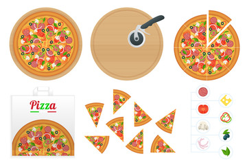 Isometric delicious pizza with ingredients and spices. Slice of fresh Italian classic Pizza isolated on white background. Hot Tasty Pizza, used for design and branding.