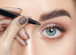 © Dimid - Make-up artist plucks eyebrows with tweezers to a woman with curly brown hair and nude make-up. Beautiful thick eyebrows close up. Professional makeup and cosmetology skin care.
