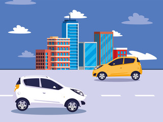 Poster - Cars on the street in front of buildings vector design