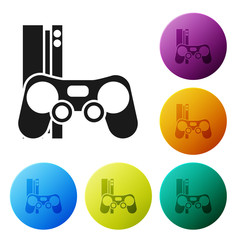 Black Video game console with joystick icon isolated on white background. Set icons colorful circle buttons. Vector Illustration