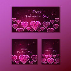 Wall Mural - Happy Valentines Day web banners set with glowing low polygonal transparent hearts on dark pink