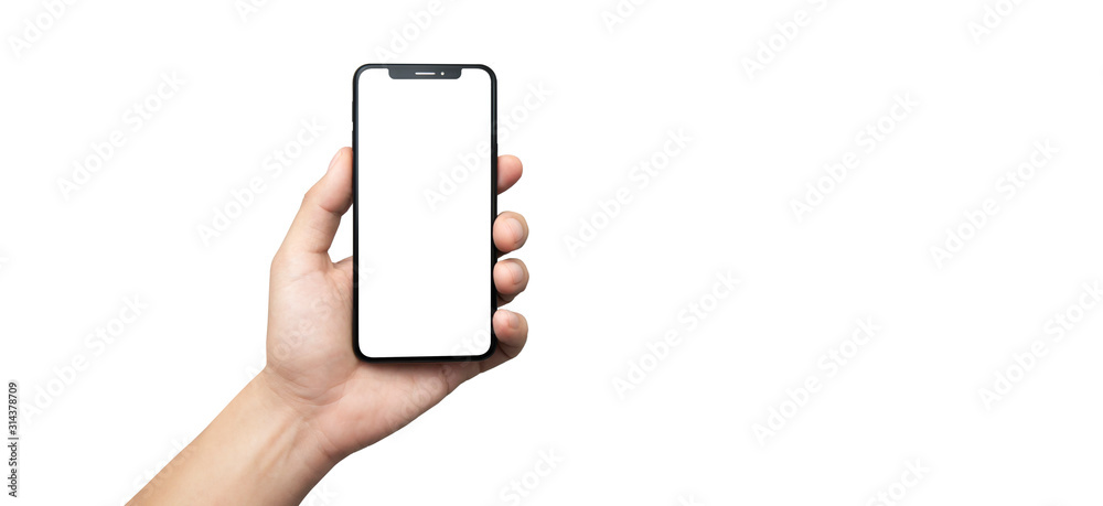 concept - cell phone in hand with white background - easy modification - obrazy, fototapety, plakaty 
