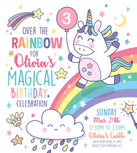 Birthday Party Invitation Card Template With A Cute Little Unicorn And Rainbow Background