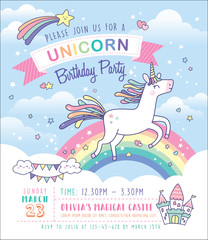 Birthday party invitation card template with a cute unicorn and rainbow background