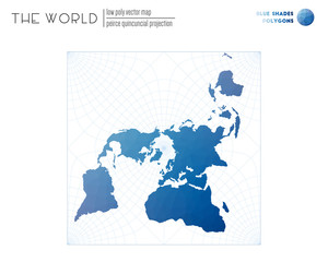  Polygonal world map. Peirce quincuncial projection of the world. Blue Shades colored polygons. Neat vector illustration.