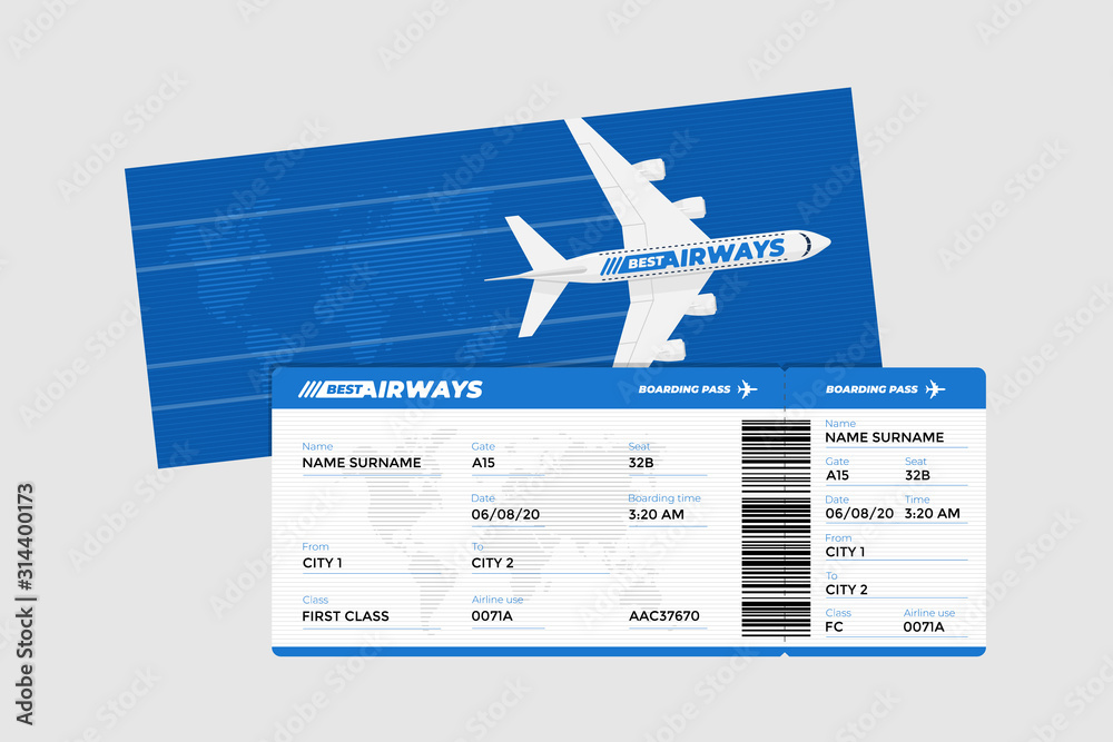Realistic airline ticket boarding pass design template with passenger ...