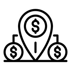 Poster - Money coins map pin icon. Outline money coins map pin vector icon for web design isolated on white background