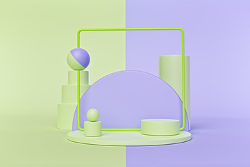 Poster - creative abstract geometric shapes background. pastel colors. primitive shapes, empty showcase, modern minimalistic trendy mock up for design presentation. 3d rendering