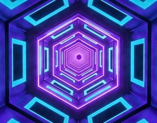 Poster - hexagonal glowing neon lights tunnel, futuristic abstract Sci Fi background. vibrant design. 3d rendering