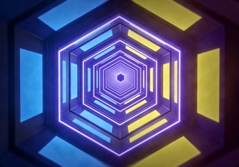 Poster - hexagonal glowing neon lights tunnel, futuristic abstract Sci Fi background. vibrant design. 3d rendering