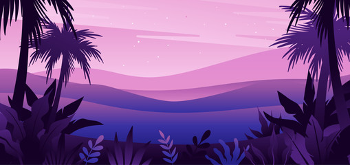 Wall Mural - Vector illustration in flat simple style  with copy space for text - night landscape with natural scene - palm trees and hills - abstract background or wallpaper for banner, greeting card, wallpaper
