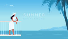 Vector Illustration In Trendy Flat And Simple Style -  Summer Landscape And Woman Enjoying Vacation - Background For Banner, Greeting Card, Poster And Advertising
