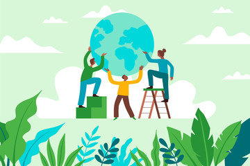 Vector illustration in flat cartoon simple style with characters - recycling and ecology concept - people cleaning earth from trash and plastic - illustration for banner, landing page or greeting card