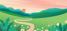 Vector Illustration In Flat Simple Style  With Copy Space For Text - Summer Landscape With Natural Scene - Gradient Hills - Abstract Background Or Wallpaper For Banner, Greeting Card, Wallpaper