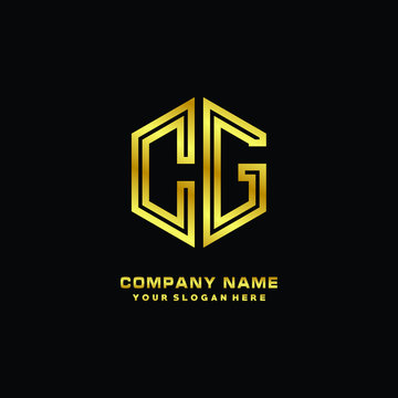 Initial letter CG, minimalist line art monogram hexagon logo, gold color