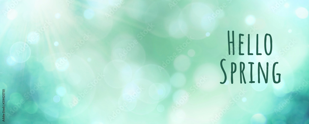 Abstract green spring background banner - hello spring text - greeting card with beautiful bokeh lights - obrazy, fototapety, plakaty 