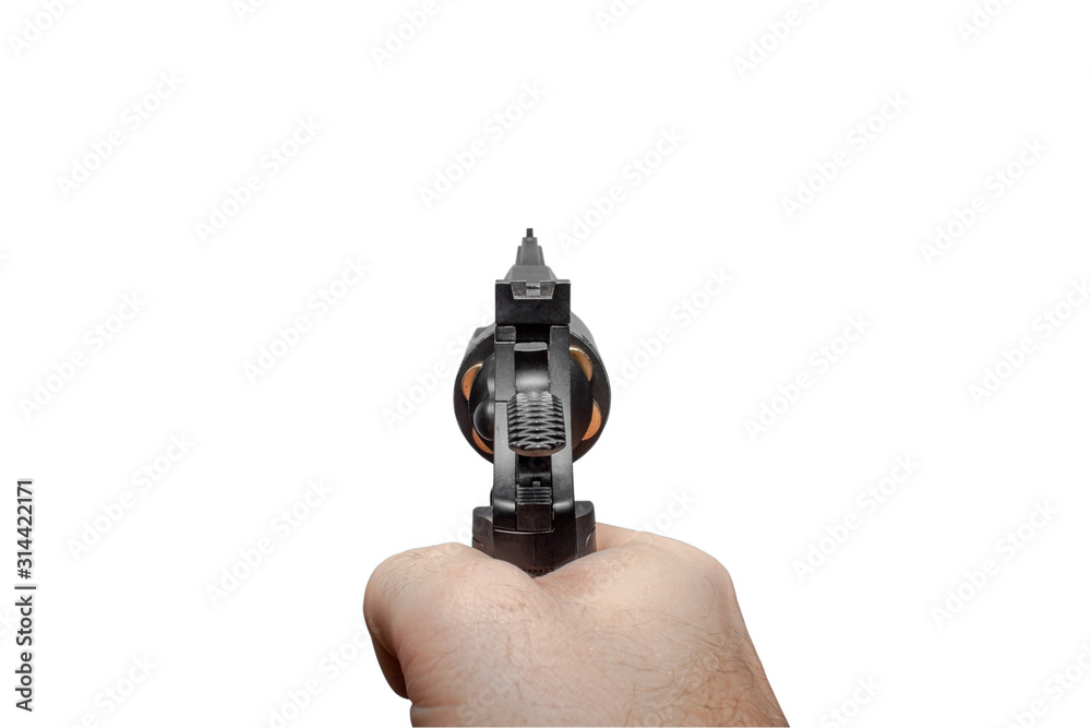 A man's hand with a loaded black revolver aims forward. First-person ...