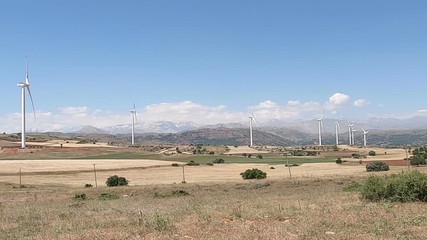 Wall Mural - wind farm on green hills under blue sky