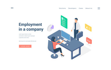 Poster - Office employees working in company isometric vector illustration.