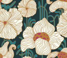 Vector Outline Stylised Elegant Flowers Seamless Pattern In Style Art Nouveau, Jugendstil. Pattern Can Be Used For Wallpaper, Pattern Fills, Web Page Background, Surface Textures