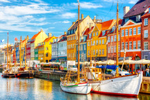 Copenhagen Iconic View. Famous Old Nyhavn Port In The Center Of Copenhagen, Denmark During Summer Sunny Day