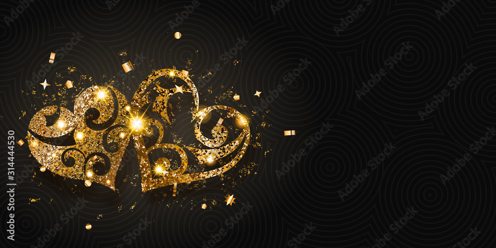 Valentine's day card with two shiny hearts of golden sparkles with glares and shadows on dark background - obrazy, fototapety, plakaty 