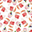 seamless watercolor pattern of cakes with meringue and raspberry cupcake with strawberry and blackberry on white background