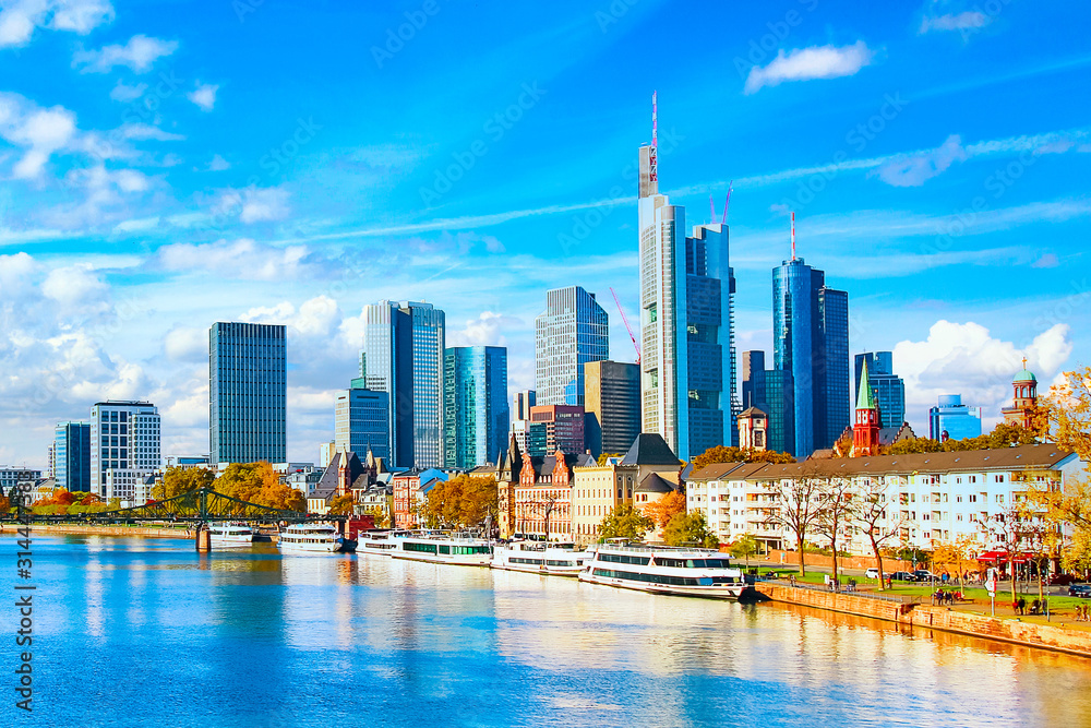 Skyline cityscape of Frankfurt, Germany during sunny day. Frankfurt Main in a financial capital of Europe. - obrazy, fototapety, plakaty 
