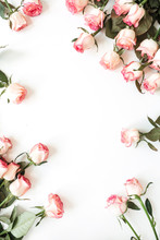 Round Frame Border Of Pink Rose Flowers On White Background. Mockup Blank Copy Space. Flat Lay, Top View Floral Composition.