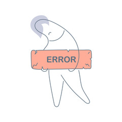 Poster - a guy with a red search box holding an error sign. 404, page or file not found, problem, no results,