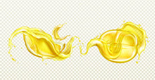 Lemon Juice Splash Realistic Vector Illustration. Half Lemon, Sliced Tropical Yellow Fruit With Zest Or Peel, Falling Flowing Liquid With Drops, Isolated On Transparent Background, Soda Package Design