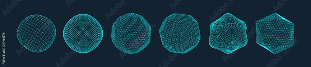 Sphere with connected lines. Global digital connections. Wireframe illustration. Abstract 3d grid design. Technology style. - obrazy, fototapety, plakaty 