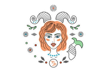 Illustration of zodiac signs constellations Capricorn, logo, tattoo. Girl or woman with horns and a fish tail, fantasy ornament in fairy tail style.