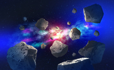 Poster - Flying asteroids in outer space. Big bang and meteor shower. Galaxy and Star Trek 3D Illustration