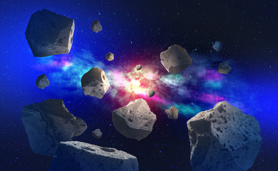 Poster - Flying asteroids in outer space. Big bang and meteor shower. Galaxy and Star Trek 3D Illustration