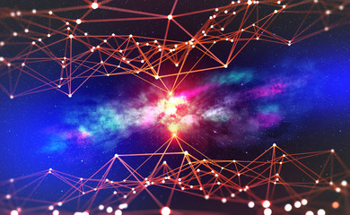 Fototapete - Block chain network and galactic nebula. Artificial intelligence. Global decentralized database. Future world 3D illustration
