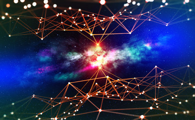Fototapete - Block chain network and galactic nebula. Artificial intelligence. Global decentralized database. Future world 3D illustration