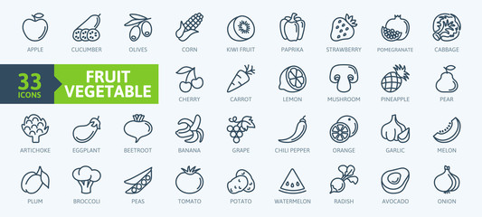 Fruits and vegetables - thin line web icon set. Outline icons collection. Simple vector illustration.