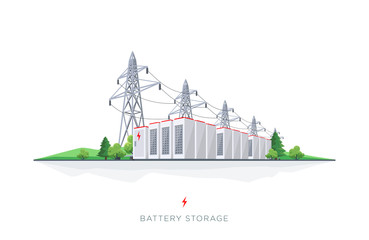 Wall Mural - Large rechargeable battery energy storage from renewable electric power generation. Backup system with high voltage electricity power transmission on white background.
