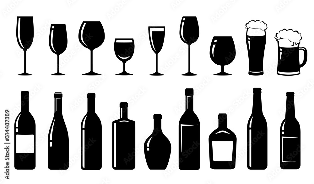 food set of alcohol bottles and glasses - obrazy, fototapety, plakaty 