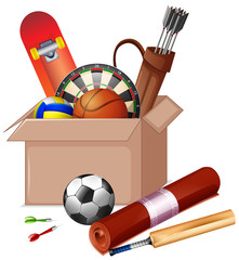 Poster - Cardboard box full of sport equipments on white background