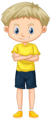 Canvas Print - Cute boy in yellow shirt standing on white background