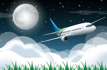 Wall Mural - Scene with airplane flying in the night