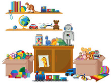 Shelf Full Of Books And Toys On White Background