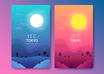 day and night landscape illustration with sun,moon,hills,star,clouds,weather app,user interface design