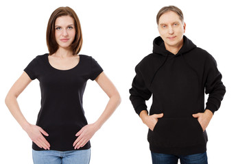 Sticker - Girl in black tshirt mockup, man in black hoodie mocku up isolation on white background