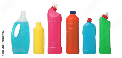 Cuadros en Lienzo Set of bottles with detergent isolated on white background