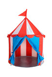 Fototapeta Na ścianę - open children white and red striped circus tent with flag on top for kids games isolated on white background