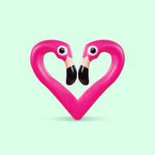 Card For Saint Valentine's Day. Pink Flamingo Shaped Of Heart On Green Background. Copyspace. Modern Design. Contemporary Colorful And Conceptual Bright Art Collage. Romantic, Love Concept.