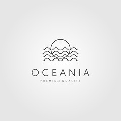 Poster - minimalist ocean wave and sun line art logo vector label emblem design